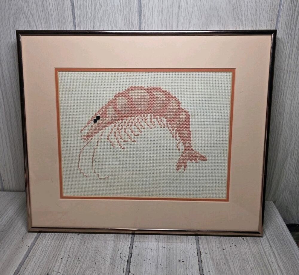 Vintage 91' Shrimp Cross-Stitch Finished Professionally Framed Nautical Cocktail
